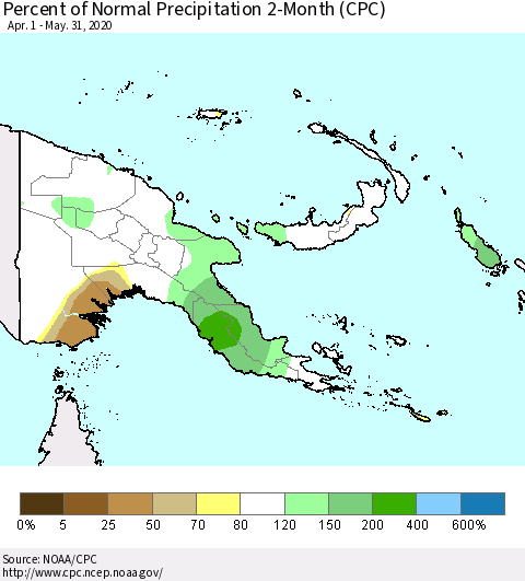 Papua New Guinea Percent of Normal Precipitation 2-Month (CPC) Thematic Map For 4/1/2020 - 5/31/2020