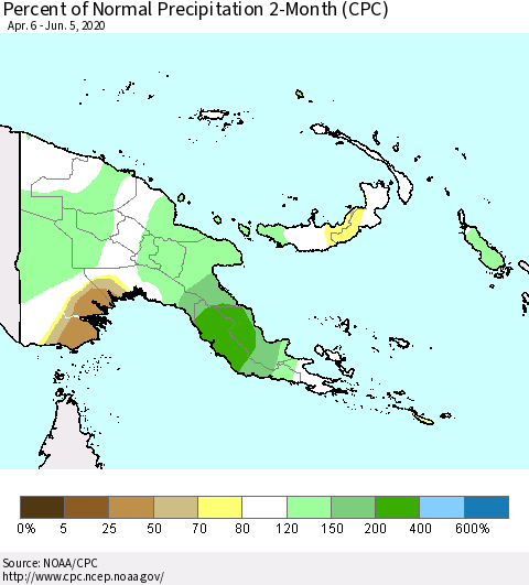 Papua New Guinea Percent of Normal Precipitation 2-Month (CPC) Thematic Map For 4/6/2020 - 6/5/2020