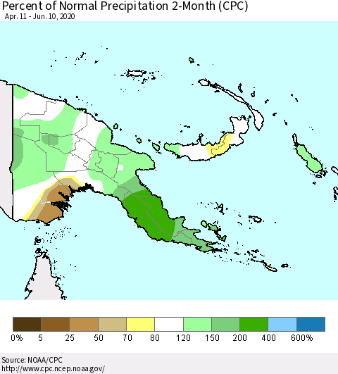 Papua New Guinea Percent of Normal Precipitation 2-Month (CPC) Thematic Map For 4/11/2020 - 6/10/2020