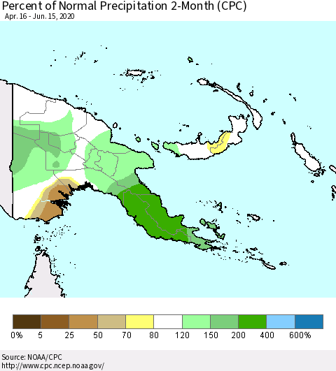 Papua New Guinea Percent of Normal Precipitation 2-Month (CPC) Thematic Map For 4/16/2020 - 6/15/2020