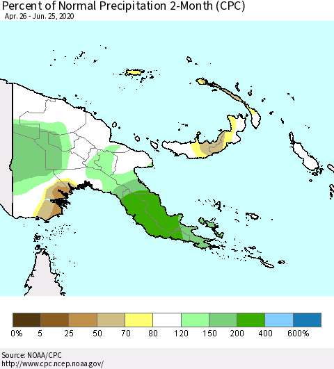 Papua New Guinea Percent of Normal Precipitation 2-Month (CPC) Thematic Map For 4/26/2020 - 6/25/2020
