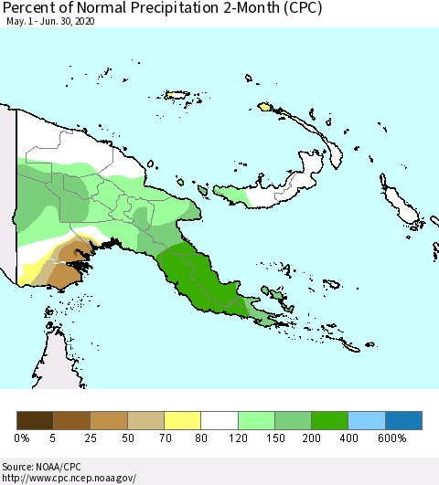 Papua New Guinea Percent of Normal Precipitation 2-Month (CPC) Thematic Map For 5/1/2020 - 6/30/2020