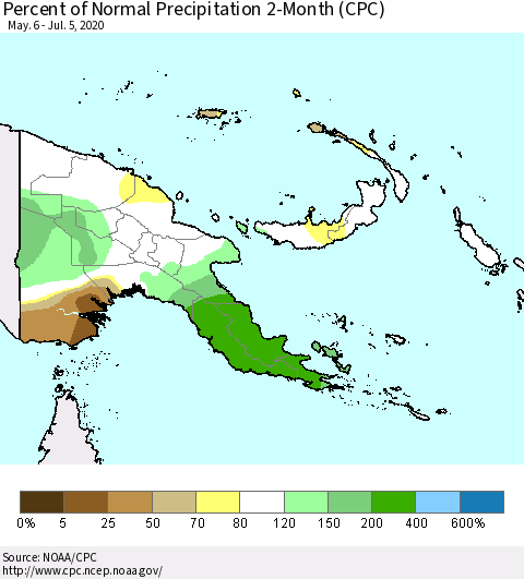 Papua New Guinea Percent of Normal Precipitation 2-Month (CPC) Thematic Map For 5/6/2020 - 7/5/2020