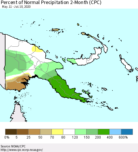 Papua New Guinea Percent of Normal Precipitation 2-Month (CPC) Thematic Map For 5/11/2020 - 7/10/2020
