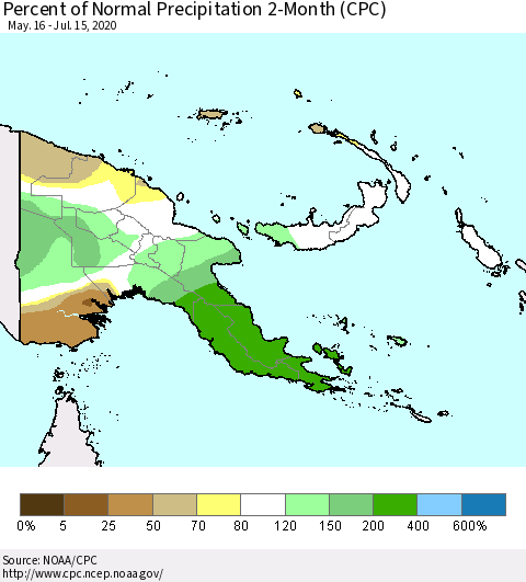 Papua New Guinea Percent of Normal Precipitation 2-Month (CPC) Thematic Map For 5/16/2020 - 7/15/2020