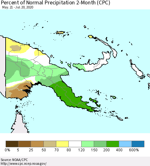 Papua New Guinea Percent of Normal Precipitation 2-Month (CPC) Thematic Map For 5/21/2020 - 7/20/2020
