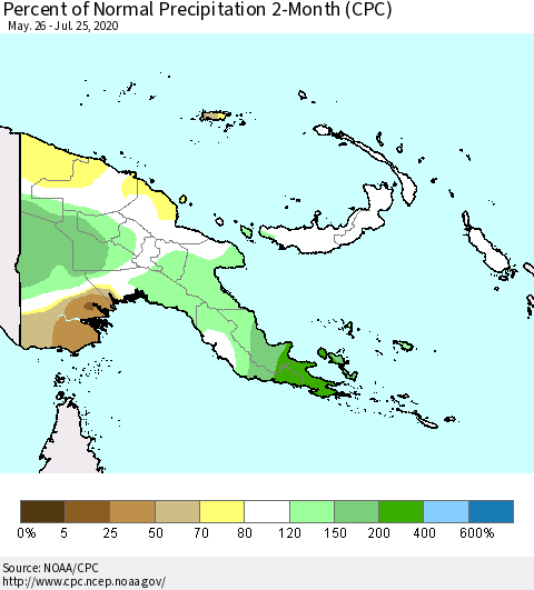 Papua New Guinea Percent of Normal Precipitation 2-Month (CPC) Thematic Map For 5/26/2020 - 7/25/2020
