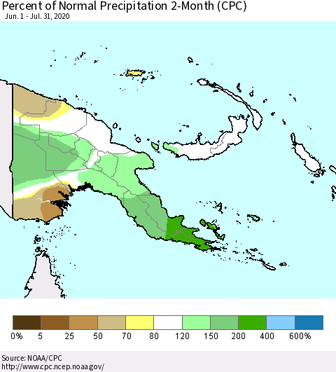Papua New Guinea Percent of Normal Precipitation 2-Month (CPC) Thematic Map For 6/1/2020 - 7/31/2020