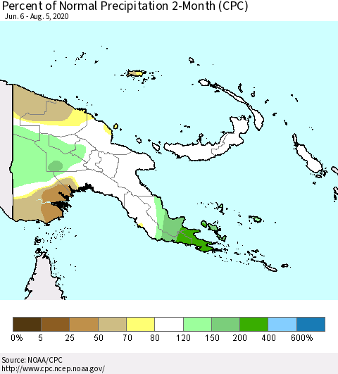 Papua New Guinea Percent of Normal Precipitation 2-Month (CPC) Thematic Map For 6/6/2020 - 8/5/2020
