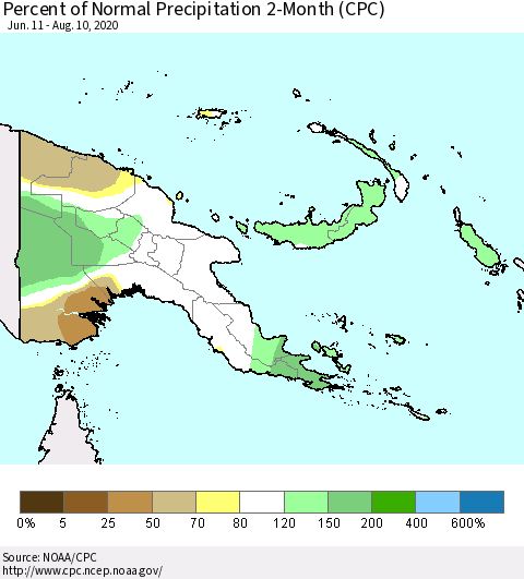 Papua New Guinea Percent of Normal Precipitation 2-Month (CPC) Thematic Map For 6/11/2020 - 8/10/2020