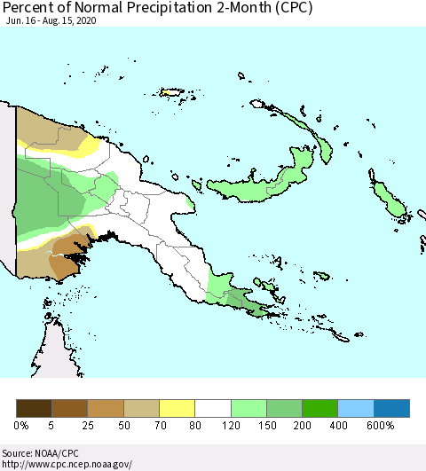 Papua New Guinea Percent of Normal Precipitation 2-Month (CPC) Thematic Map For 6/16/2020 - 8/15/2020