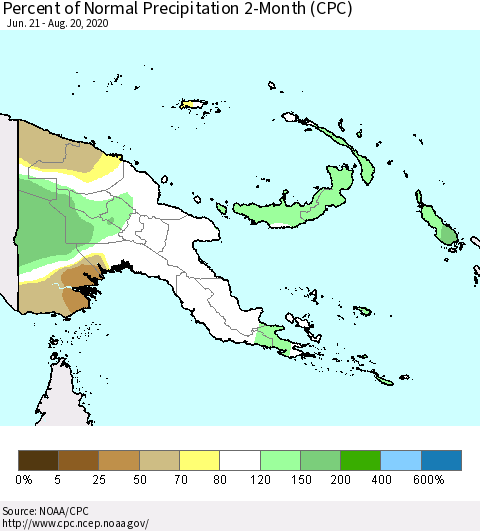 Papua New Guinea Percent of Normal Precipitation 2-Month (CPC) Thematic Map For 6/21/2020 - 8/20/2020