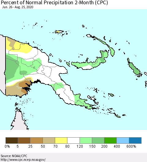 Papua New Guinea Percent of Normal Precipitation 2-Month (CPC) Thematic Map For 6/26/2020 - 8/25/2020