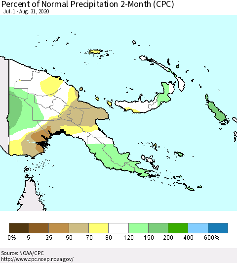 Papua New Guinea Percent of Normal Precipitation 2-Month (CPC) Thematic Map For 7/1/2020 - 8/31/2020