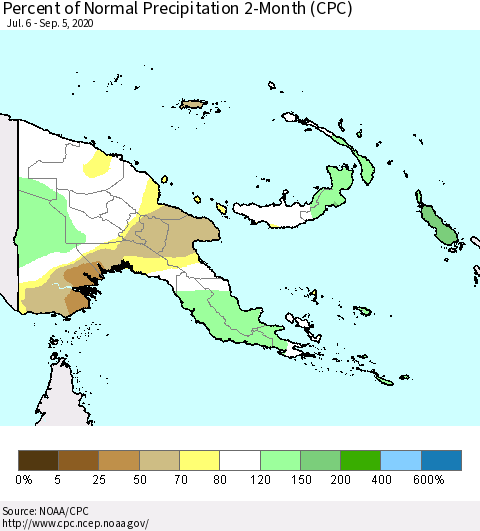 Papua New Guinea Percent of Normal Precipitation 2-Month (CPC) Thematic Map For 7/6/2020 - 9/5/2020