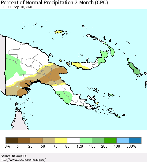 Papua New Guinea Percent of Normal Precipitation 2-Month (CPC) Thematic Map For 7/11/2020 - 9/10/2020