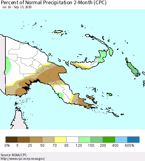 Papua New Guinea Percent of Normal Precipitation 2-Month (CPC) Thematic Map For 7/16/2020 - 9/15/2020