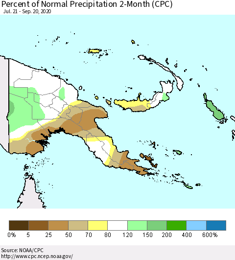 Papua New Guinea Percent of Normal Precipitation 2-Month (CPC) Thematic Map For 7/21/2020 - 9/20/2020