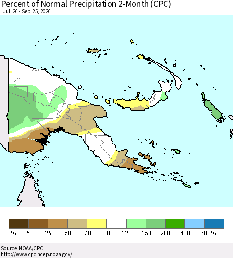 Papua New Guinea Percent of Normal Precipitation 2-Month (CPC) Thematic Map For 7/26/2020 - 9/25/2020