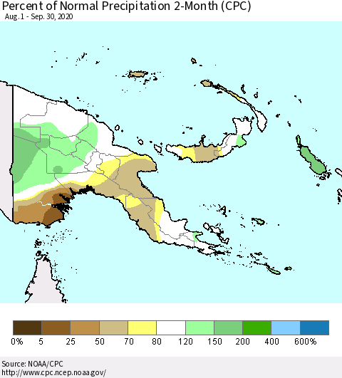 Papua New Guinea Percent of Normal Precipitation 2-Month (CPC) Thematic Map For 8/1/2020 - 9/30/2020
