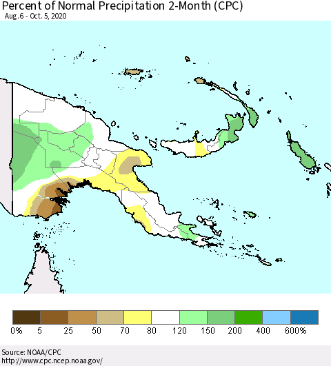Papua New Guinea Percent of Normal Precipitation 2-Month (CPC) Thematic Map For 8/6/2020 - 10/5/2020
