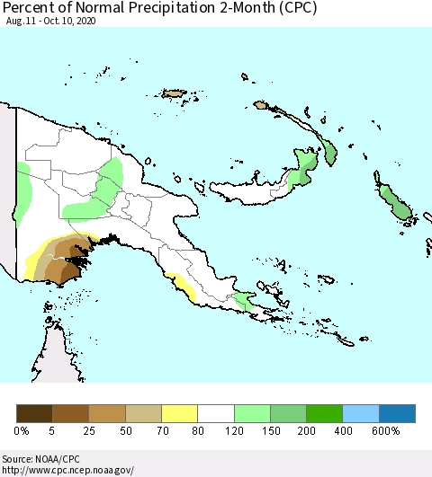 Papua New Guinea Percent of Normal Precipitation 2-Month (CPC) Thematic Map For 8/11/2020 - 10/10/2020