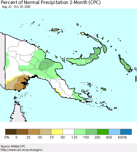 Papua New Guinea Percent of Normal Precipitation 2-Month (CPC) Thematic Map For 8/21/2020 - 10/20/2020