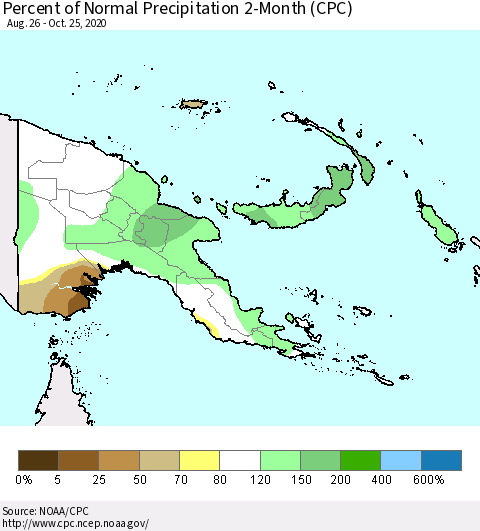 Papua New Guinea Percent of Normal Precipitation 2-Month (CPC) Thematic Map For 8/26/2020 - 10/25/2020