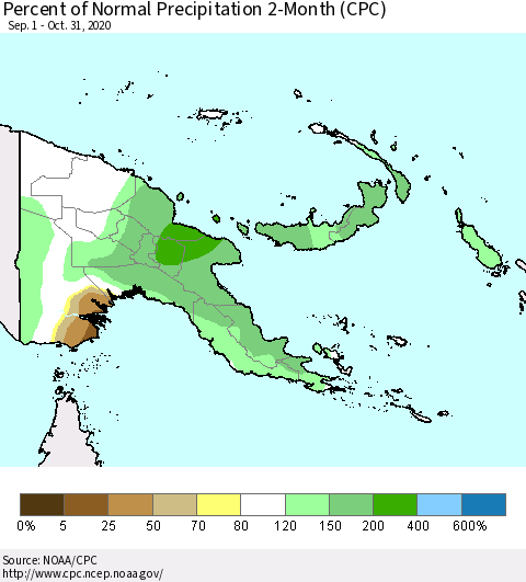 Papua New Guinea Percent of Normal Precipitation 2-Month (CPC) Thematic Map For 9/1/2020 - 10/31/2020