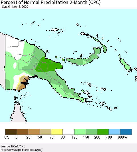 Papua New Guinea Percent of Normal Precipitation 2-Month (CPC) Thematic Map For 9/6/2020 - 11/5/2020