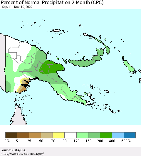 Papua New Guinea Percent of Normal Precipitation 2-Month (CPC) Thematic Map For 9/11/2020 - 11/10/2020