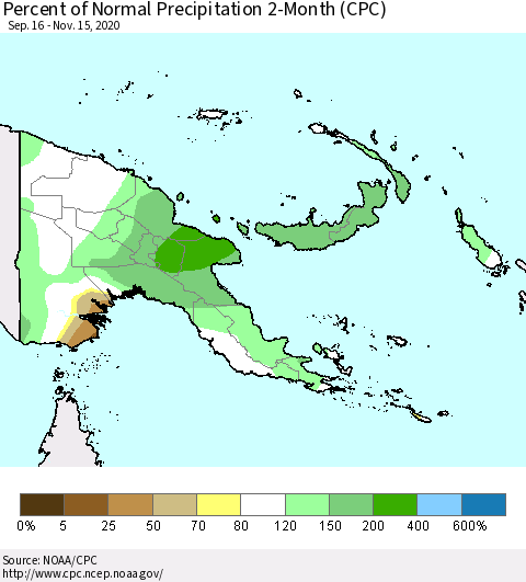 Papua New Guinea Percent of Normal Precipitation 2-Month (CPC) Thematic Map For 9/16/2020 - 11/15/2020