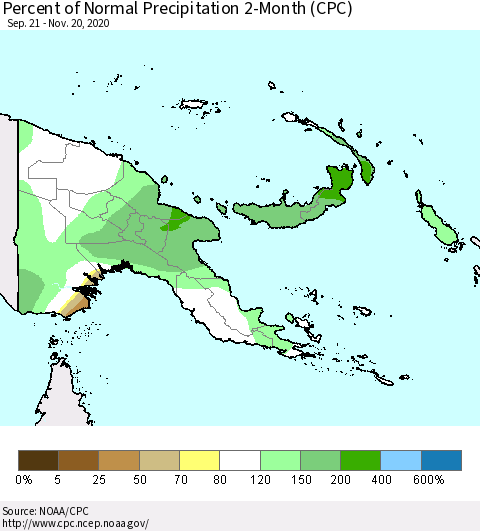 Papua New Guinea Percent of Normal Precipitation 2-Month (CPC) Thematic Map For 9/21/2020 - 11/20/2020
