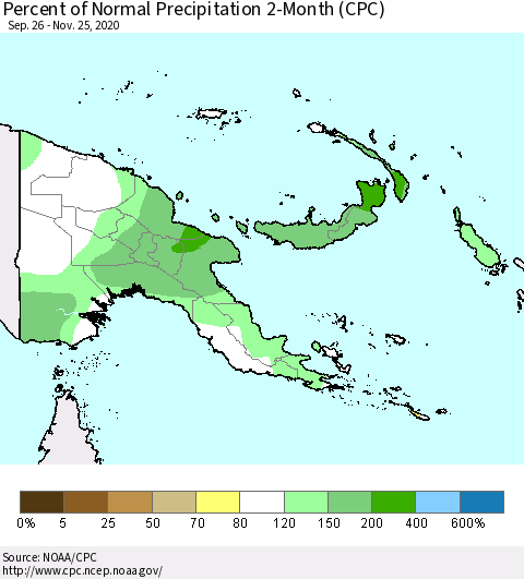 Papua New Guinea Percent of Normal Precipitation 2-Month (CPC) Thematic Map For 9/26/2020 - 11/25/2020