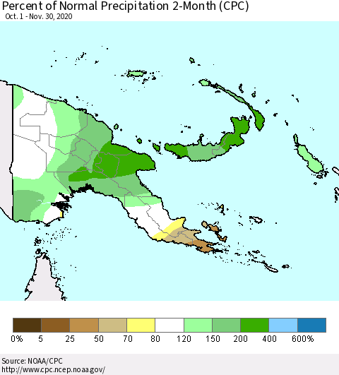 Papua New Guinea Percent of Normal Precipitation 2-Month (CPC) Thematic Map For 10/1/2020 - 11/30/2020