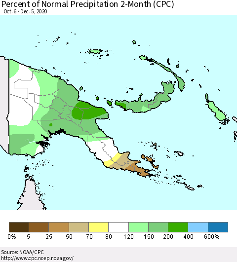 Papua New Guinea Percent of Normal Precipitation 2-Month (CPC) Thematic Map For 10/6/2020 - 12/5/2020