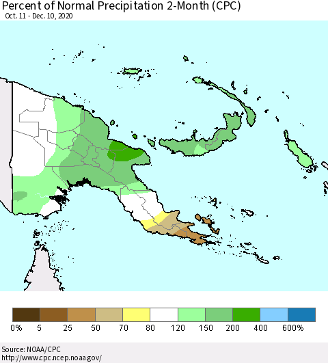Papua New Guinea Percent of Normal Precipitation 2-Month (CPC) Thematic Map For 10/11/2020 - 12/10/2020