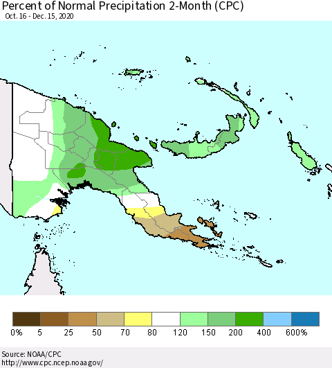 Papua New Guinea Percent of Normal Precipitation 2-Month (CPC) Thematic Map For 10/16/2020 - 12/15/2020