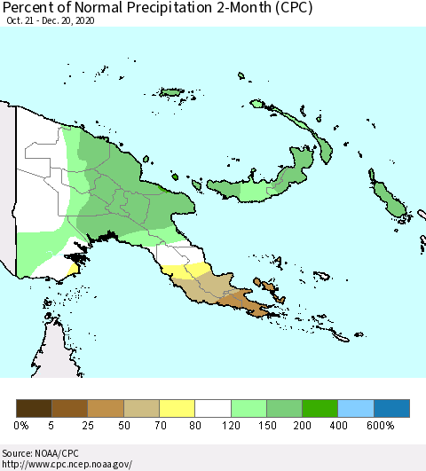 Papua New Guinea Percent of Normal Precipitation 2-Month (CPC) Thematic Map For 10/21/2020 - 12/20/2020