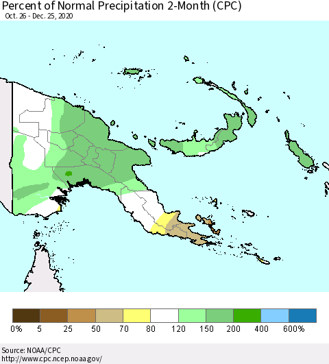 Papua New Guinea Percent of Normal Precipitation 2-Month (CPC) Thematic Map For 10/26/2020 - 12/25/2020