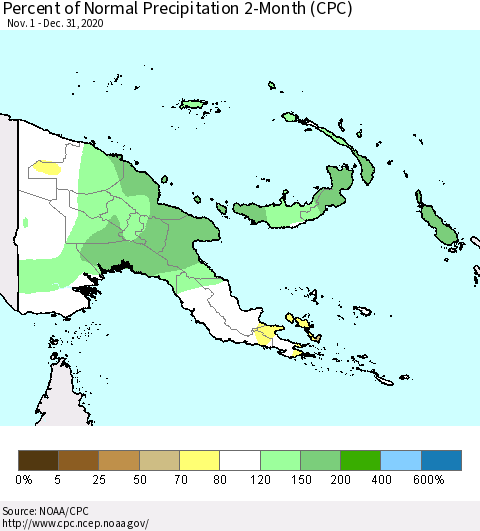 Papua New Guinea Percent of Normal Precipitation 2-Month (CPC) Thematic Map For 11/1/2020 - 12/31/2020