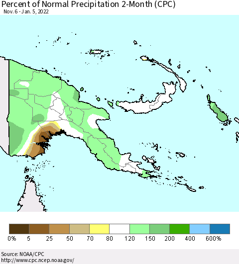 Papua New Guinea Percent of Normal Precipitation 2-Month (CPC) Thematic Map For 11/6/2021 - 1/5/2022