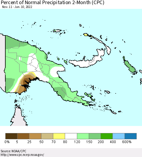 Papua New Guinea Percent of Normal Precipitation 2-Month (CPC) Thematic Map For 11/11/2021 - 1/10/2022