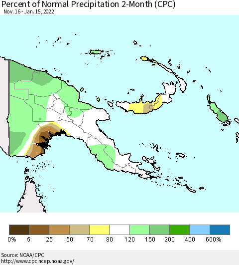 Papua New Guinea Percent of Normal Precipitation 2-Month (CPC) Thematic Map For 11/16/2021 - 1/15/2022