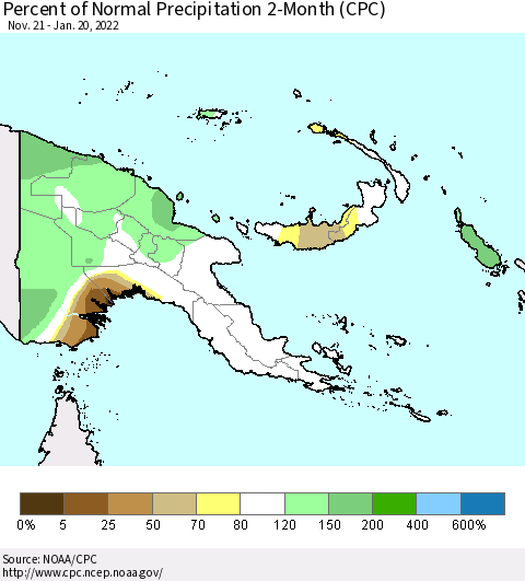 Papua New Guinea Percent of Normal Precipitation 2-Month (CPC) Thematic Map For 11/21/2021 - 1/20/2022