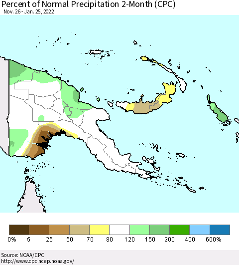 Papua New Guinea Percent of Normal Precipitation 2-Month (CPC) Thematic Map For 11/26/2021 - 1/25/2022