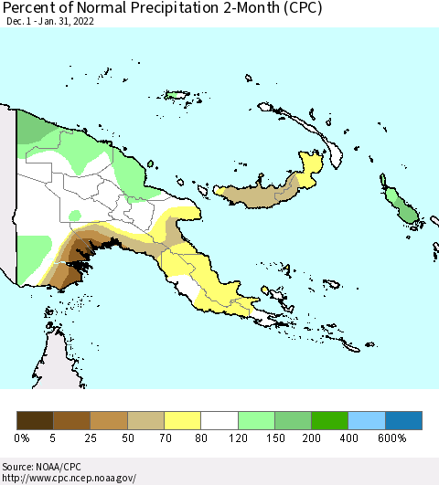 Papua New Guinea Percent of Normal Precipitation 2-Month (CPC) Thematic Map For 12/1/2021 - 1/31/2022
