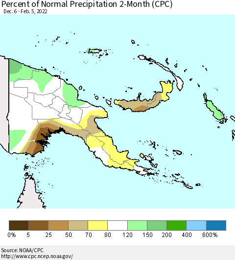 Papua New Guinea Percent of Normal Precipitation 2-Month (CPC) Thematic Map For 12/6/2021 - 2/5/2022