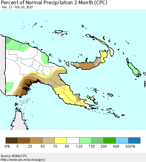 Papua New Guinea Percent of Normal Precipitation 2-Month (CPC) Thematic Map For 12/11/2021 - 2/10/2022