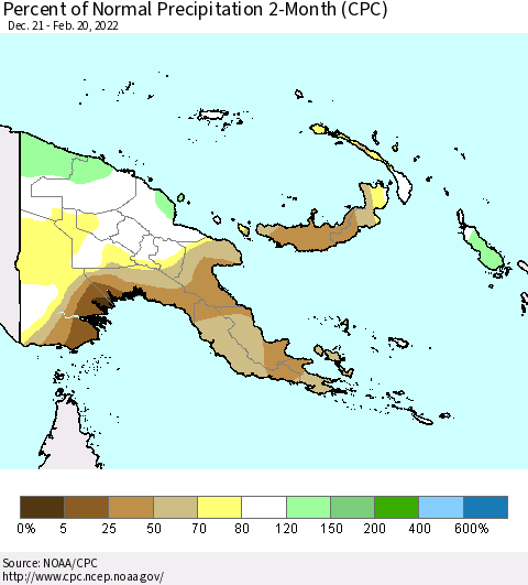 Papua New Guinea Percent of Normal Precipitation 2-Month (CPC) Thematic Map For 12/21/2021 - 2/20/2022